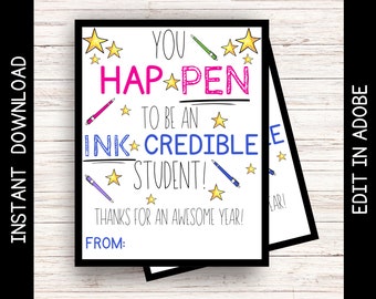 End of Year Student Pen Gift Tag, Editable Teacher Gift (Instant Download)