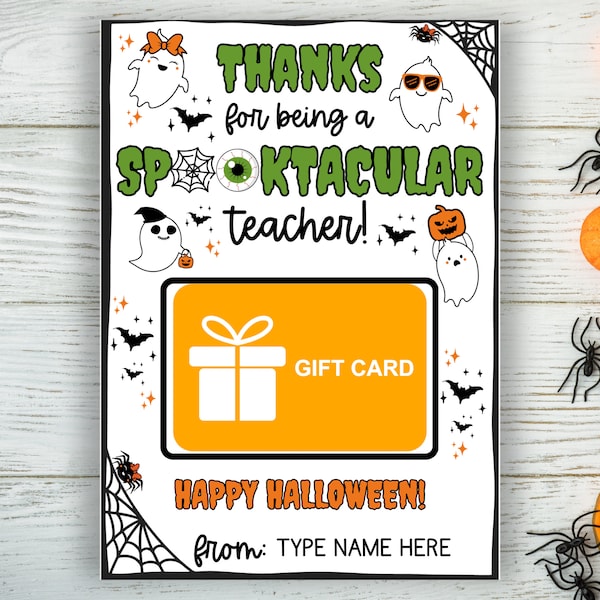 Halloween Printable Gift Card Holder for Teacher, Thank you Spooktacular Teacher, Easy Halloween Teacher Gift, Editable Instant Download