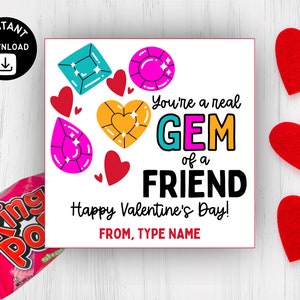 Puede incluir: Una tarjeta de San Valentín imprimible con un diseño de gema colorido y el texto "You're a real GEM of a FRIEND Happy Valentine's Day! FROM, TYPE NAME".