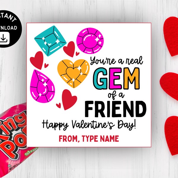 Ring Pop Valentine's Day Printable Tag, You're a Real Gem Friend, Candy Valentines for Friends, Printable Ring Valentine, Instant Download