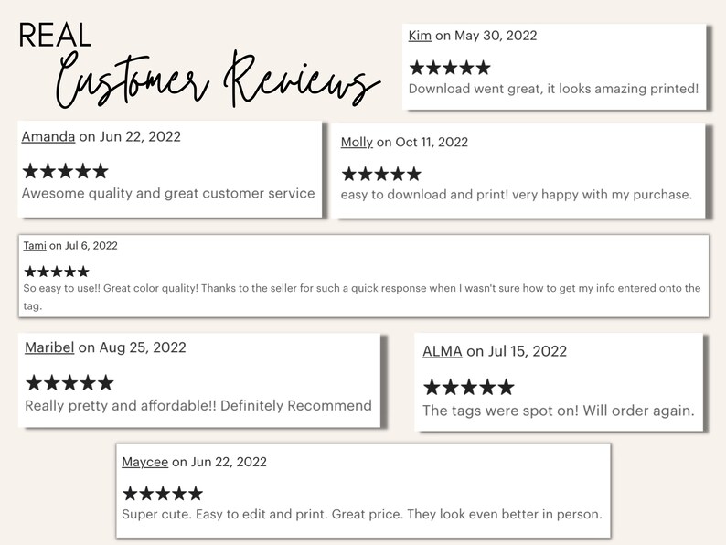 May include: A collection of customer reviews for a product, featuring five-star ratings and positive comments. The reviews highlight the product's quality, ease of use, affordability, and overall satisfaction.