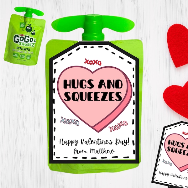 Printable Kids Squeeze Pouch Valentine's Day Tag, Hugs and Squeezes, Student Class Valentines, Fruit Squeeze Pouch Tag, Instant Download