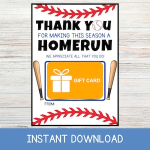 Titolare della carta regalo stampabile per allenatore di baseball, regalo per l'allenatore, fine della stagione sportiva, grazie per aver reso questa stagione un fuoricampo, download istantaneo