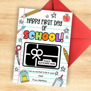 Titular de la tarjeta de regalo del maestro imprimible para el primer día de clases, regalo del maestro de regreso a la escuela, feliz primer día de clases descarga instantánea editable