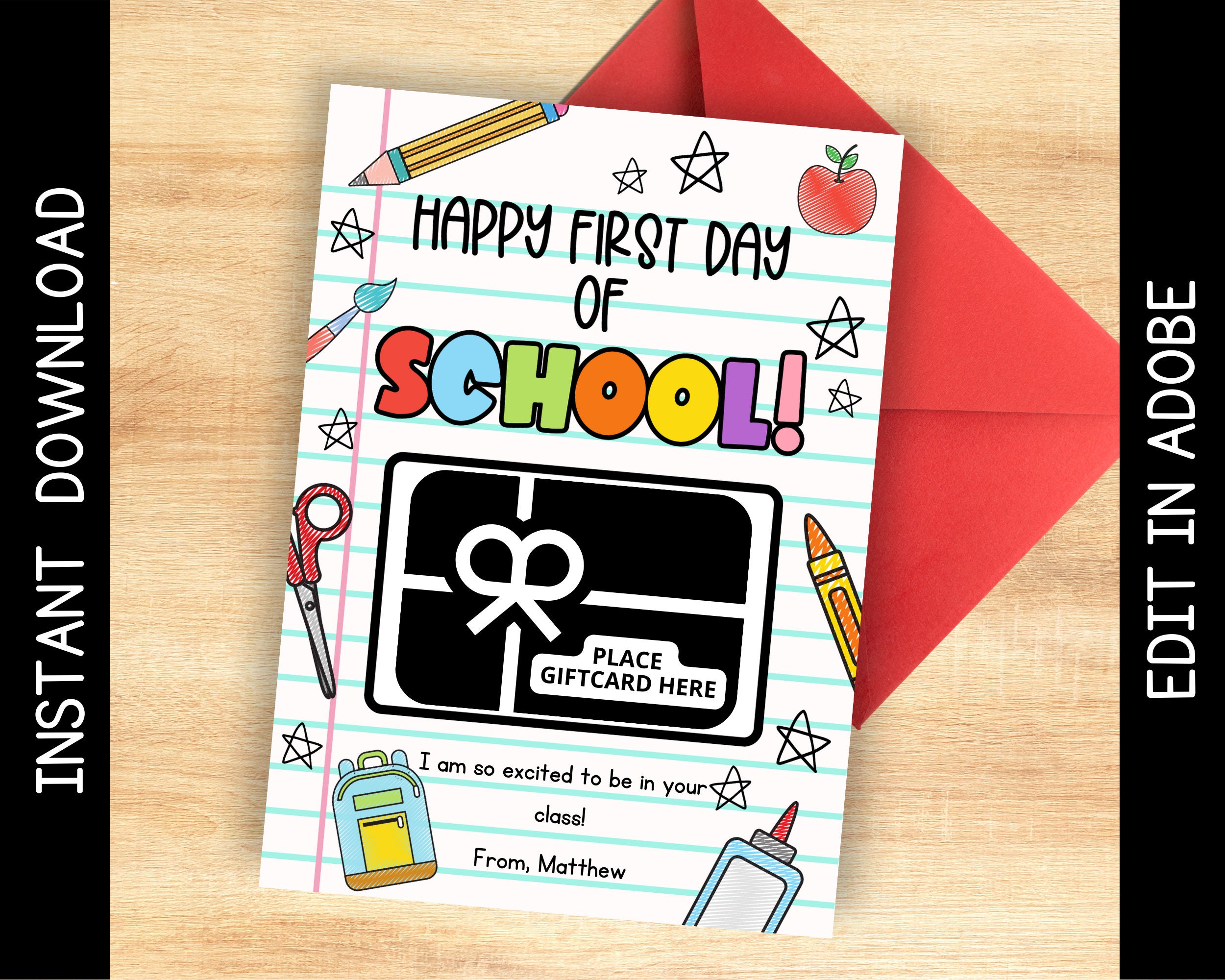 Printable Teacher Gift Card Holder, First Day of School (editable PDF ...