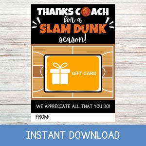 Druckbarer Basketball-Geschenkkartenhalter, Geschenk für Basketball-Trainer, Ende der Saison, Danke für eine Slam Dunk-Saison, bearbeitbarer Sofort-Download
