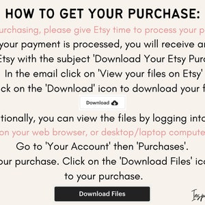 May include: A white background with black text explaining how to download a digital purchase from Etsy. The text includes instructions on how to download the purchase from an email or from the Etsy website. The text also includes the words "Download" and "Download Files".