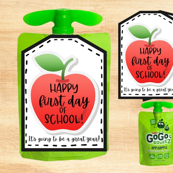 Printable Back to School Apple Gift Tag, First Day of School, Back to school gift for students, Fruit Squeeze Pouch Tag, Instant Download