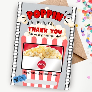 Porta-cartões de presente para cinema para impressão, presente da semana de agradecimento ao professor, pipoca, obrigado, ideia de presente do professor, download instantâneo editável