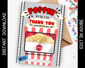 Porta tarjetas de regalo de palomitas de maíz imprimible: Agradecimiento al profesor (PDF editable)