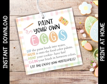 Printable PYO Easter Egg Cookies Square Tag, Easter Paint Your Own Eggs Directions and Gift Tag, PYO Cookie Pastel Tag, Instant Download
