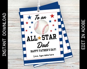 Printable Baseball Father's Day Gift Tags, All Star Dad (Instant Download)