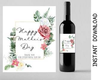 Floral Mother's Day Wine Label: Printable Wine Bottle Sticker (PDF)