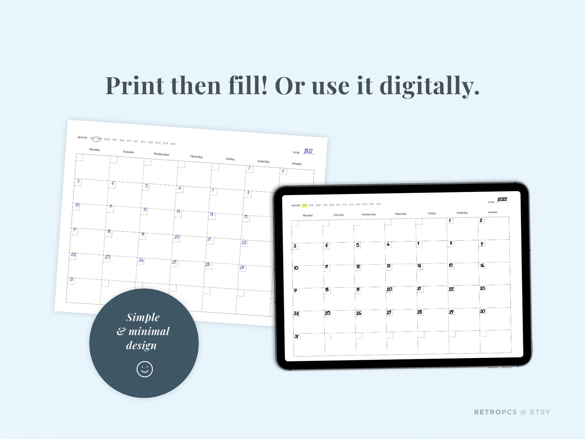 Blank Printable Calendar Fillable Digital Monthly Planner - Etsy