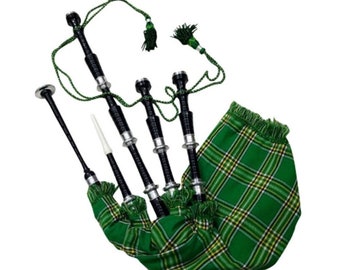 New Irish Green Tartan Scottish Highland Bagpipe Rosewood Black Silver mounts