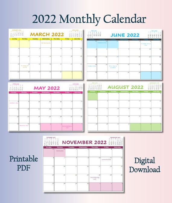 2022 Printable Calendar With US Holidays - Etsy