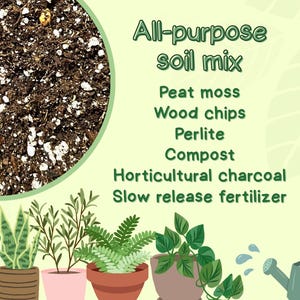 May include: An image of all-purpose soil mix with a close-up of the soil texture. The soil mix includes peat moss, wood chips, perlite, compost, horticultural charcoal, and slow-release fertilizer. The image also shows potted plants and a watering can.