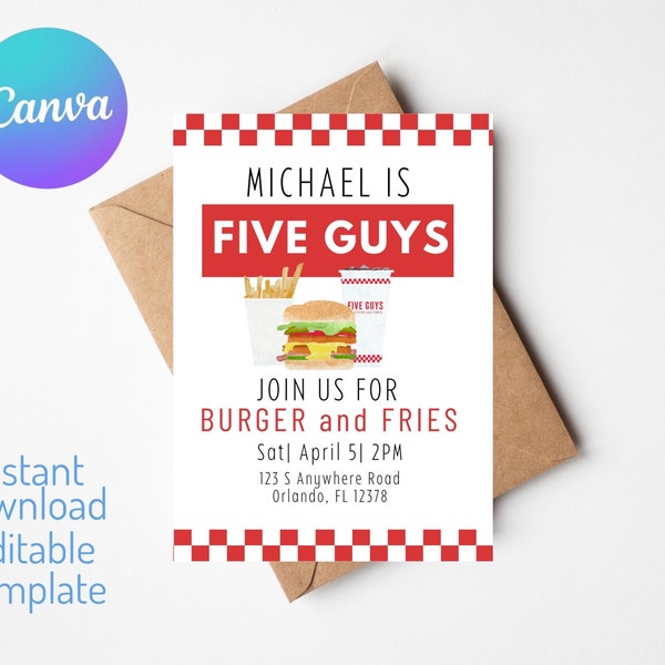 Five Guys Invitation| Burgers and Fries Party| Editable and instant Digital Download