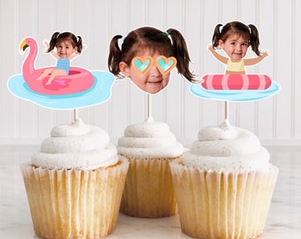 Summer pool party Custom face Cupcake topper| Pool party Birthday Decorations