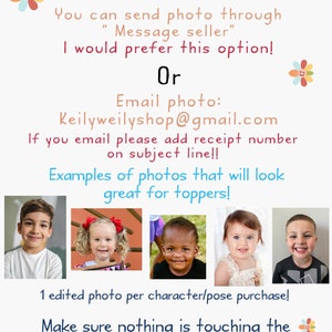 Peut inclure: Un guide sur la fa&ccedil;on d'envoyer une photo pour un topper de g&acirc;teau personnalis&eacute;. Le texte indique d'envoyer une photo juste apr&egrave;s avoir pass&eacute; une commande. Il indique &eacute;galement d'envoyer la photo via la fonction de messagerie du vendeur Etsy ou par e-mail. L'adresse e-mail est Keilyweilyshop@gmail.com. Le texte indique &eacute;galement d'ajouter le num&eacute;ro de re&ccedil;u &agrave; la ligne d'objet. Le guide comprend des exemples de photos qui auront fi&egrave;re allure pour les toppers. Le texte indique &eacute;galement de s'assurer que rien ne touche le visage et d'&eacute;viter les chapeaux &agrave; moins qu'ils ne fassent partie du topper. Le texte indique &eacute;galement d'envoyer des photos claires et rapproch&eacute;es.