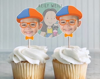 Blue and orange character custom face cupcake toppers