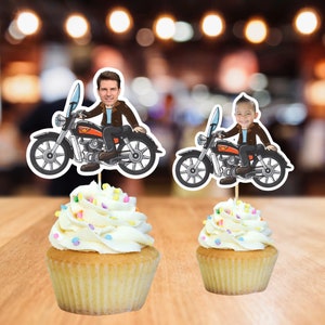 Motorcyclist custom face Cupcake Topper, Motorcycle Birthday Party, Motorcycle Gift