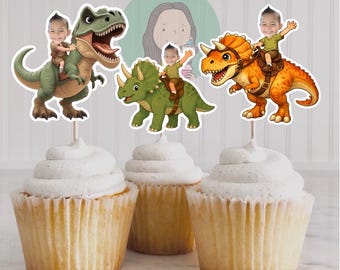 Décorations de cupcakes visage de dinosaure, décorations de cupcakes photo de dinosaure personnalisées, fête T-Rex, décoration d'anniversaire de dinosaure, décoration de dinosaure personnalisée