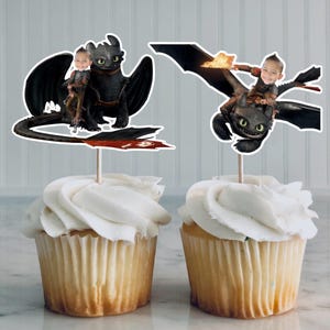 May include: Two cupcakes topped with white frosting and decorative toppers. The toppers feature images of a black dragon with a child riding it. One dragon is on the ground, and the other is flying with a flame.