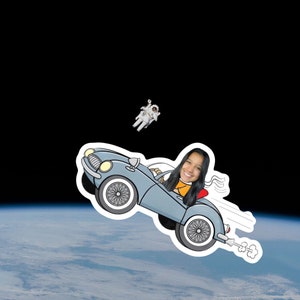 May include: A cartoon illustration of a person driving a blue car in space. The car is flying through the air with smoke coming out of the back. An astronaut is floating in the background.