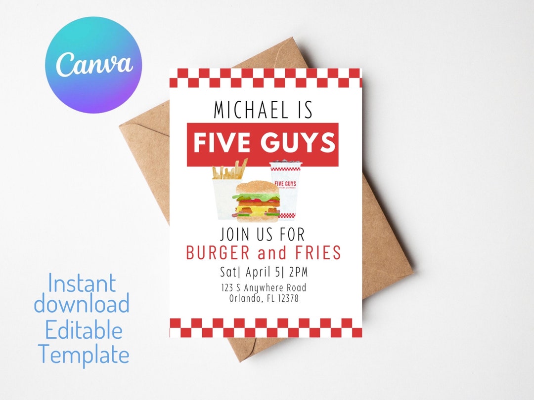 Five Guys Invitation| Burgers and Fries Party| Editable and Instant ...