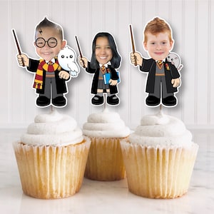 May include: Three Harry Potter themed cupcake toppers with personalized faces. Each topper features a character from the Harry Potter series, including Harry Potter, Hermione Granger, and Ron Weasley. The toppers are printed on cardstock and have a glossy finish.