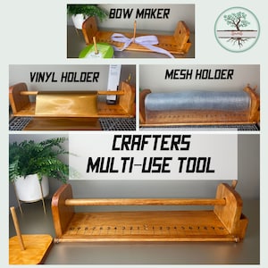 May include: A wooden multi-use tool for crafters. It has a ruler, a mesh holder, a vinyl holder, and a bow maker. The tool is made of natural wood and has a rustic look.