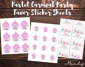 Pastel Carnival Party Stickers, Pastel Carnival Party Favor Sticker Labels - Carnival Birthday Sticker - Kids Party Sticker | CRAFTY MANDY