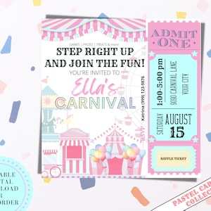 Pastel Carnival. Carnival Birthday Invitation. Carnival Party. Carnival Ticket - Editable Printable Invitation. Carnival Themed Party