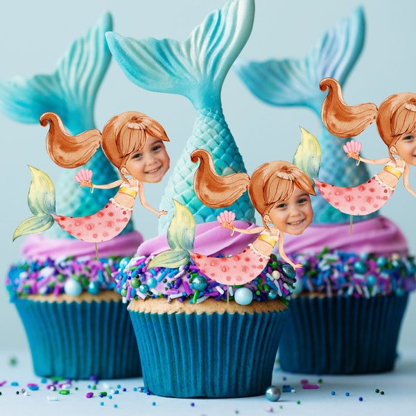 CUSTOM Mermaid Photo Cupcake Topper, Custom Cupcake Topper, Photo Personalized, Custom Topper, Mermaid Birthday, Mermaid Face Custom Topper