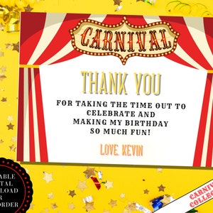 Tarjeta de agradecimiento de carnaval editable. Invitación de cumpleaños de carnaval. Fiesta de Carnaval - Invitación imprimible. Fiesta temática de Carnaval