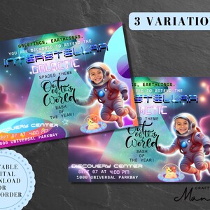 Invitation photo d’astronaute de la galaxie spatiale, invitation d’anniversaire spatial. Space Party -Invitation imprimable. Fête sur le thème de l'espace | Mandy astucieuse