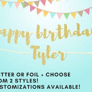 Happy Birthday Banner mit personalisiertem Namen, Gold Glitzer Party Dekorationen, personalisiertes Geburtstagsbanner, kurviges Banner