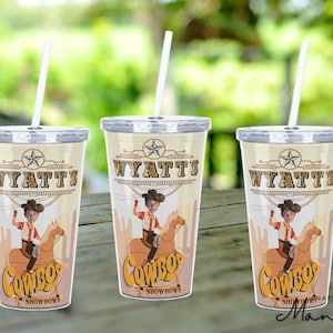 Wild West Cowboy Photo Birthday | Custom Party Favors | Plastic Tumbler with Straw | Themed Party Favor | Kids Party Favor | CRAFTY MANDY