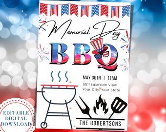 EDITABLE Memorial Day Invitation. BBQ Invitation. Memorial Day Weekend - Printable Invitation. Red, White and Blue |  Stars and Stripes