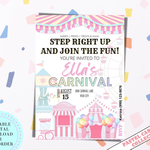 EDITABLE Pastel Carnival. Carnival Birthday Invitation. Carnival Party. Carnival Ticket - Printable Invitation. Carnival Themed Party