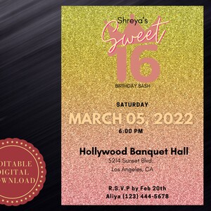 Sweet 16 Invitation, Quinceanera Sweet 15, Sixteen, Instant Download Template