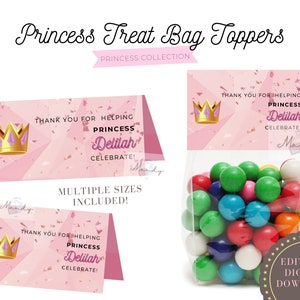 PRINCESS Treat Bag Topper | Treat Bag Toppers, Editable tags, Personalized Birthday Party Favors Printable Tag | Set of 2 | Instant Download