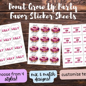 Donut Grow Up Party Stickers, Birthday Party Favor Sticker - Birthday Sticker - Kids Party Sticker, Custom Favors | CRAFTY MANDY