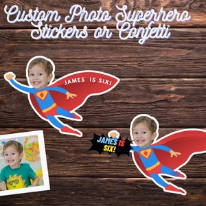 SUPERHERO Fotosticker | wasserfest, lustige vinyl aufkleber, personalisierte konfetti, party favor sticker, gesicht konfetti