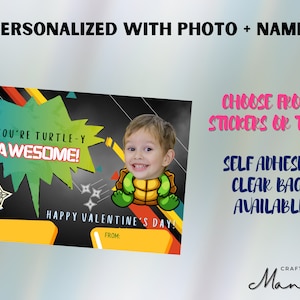 Tarjetas de San Valentín para niños - Foto personalizada + Tarjetas de San Valentín con nombre - Etiquetas escolares de San Valentín, Tortuga de San Valentín, Ninja Valentine / Crafty Mandy