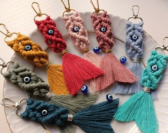 Baby Shower Keychain Macrame Guest Gifts,Evil eye Boho Keychain Kids first 1st Birthday Party Favors, Bulk Custom Gifts Keychain Tassel Fish