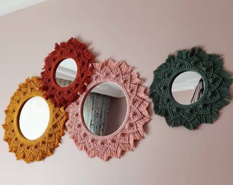 Set Macrame Mirror, Rustic Boho Wall Mirror, Round Wall Hanging Decorative Mirror, Fringe Mirror Nursery Boho Wall Decor, Housewarming Gift