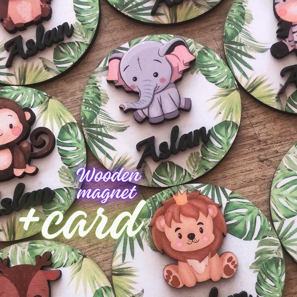 Personalized Safari Animals Magnet Baby Shower Favors for Guests, Jungle Animal Lion Wooden Magnet Elephant Birthday Party Favors Safari