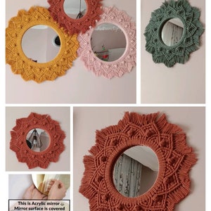 May include: A set of four macrame mirrors with different colored yarn. The mirrors are round and have a fringe border. The text "This is Acrylic mirror... Mirror surface is covered with protective film!" is visible in the image.